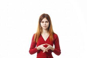 cheerful woman red dress studio posing light background photo