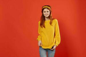 woman in yellow sweater studio street style retro decoration photo