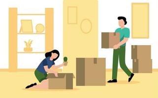 A boy and a girl are packing household goods into boxes. vector