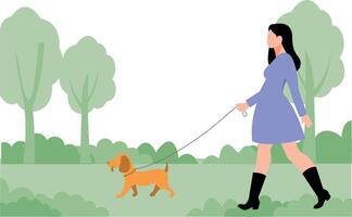 The girl is taking her pet for a walk. vector