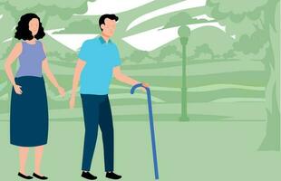 Old man and woman are walking in the park. vector
