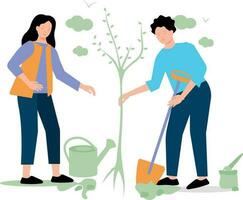 un chico y un niña son plantando plantas en el parque. vector