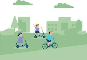 niños son montando Patinaje bicicletas en el parque. vector