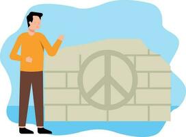 The boy looks at the peace sign on the wall. vector