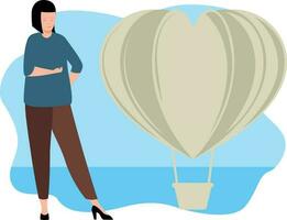 Girl looking at peace hot air balloon. vector