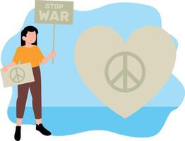 Girl holding peace and stop war signboard. vector