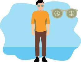 The boy is wearing sunglasses with a peace sign. vector