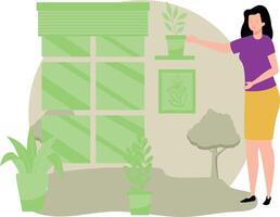 The girl is taking care of the plants. vector