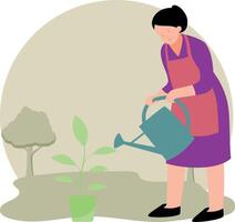 The girl is watering the plants. vector