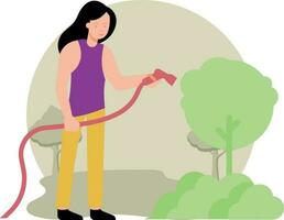 The girl is watering the plants. vector