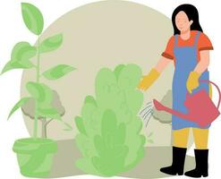 The girl is watering the plants. vector