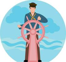 The sailor is holding the wheel of the boat. vector
