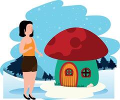 The girl is standing outside a mushroom house. vector