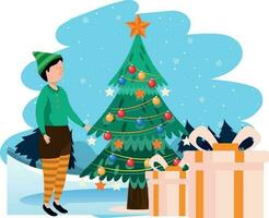 Boy looking at Christmas tree and presents. vector