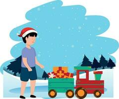 The child is looking at the gift train. vector