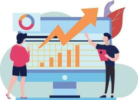 Boy and girl watching graph progress. vector