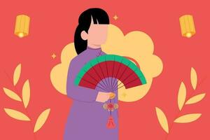 The girl is holding a Chinese fan. vector