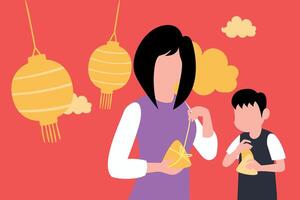 A girl and a boy are eating snacks. vector