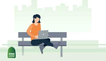 The girl is using a laptop. vector