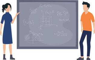 el niña es enseñando matemáticas en el tablero. vector