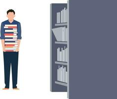 A boy holds a tower of books. vector