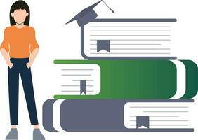 The girl is standing by the books. vector