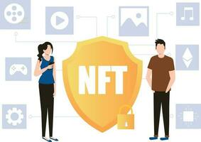 Boy and girl working on NFT security. vector