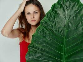 atractivo mujer con verde hoja de palma árbol en ligero antecedentes foto