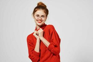 woman in a red sweater Lifestyle Studio fun model photo