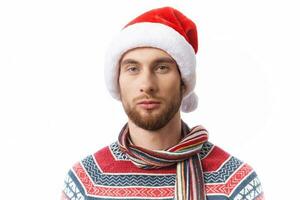 Cheerful Man Wearing Santa Hat Holiday Christmas Decorations photo