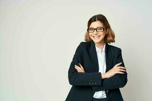 Business woman in black suit posing fashion work professional photo