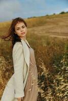 woman wheat countryside landscape freedom sunny day photo