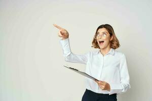 Business woman wearing glasses office manager finance work photo