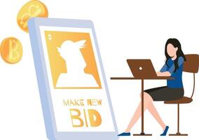 Woman is bidding online. vector