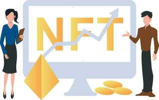 Boy and girl working on NFT graph. vector