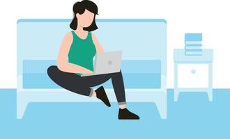 Girl using laptop in bedroom. vector