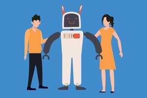 The robot stands between the boy and the girl. vector