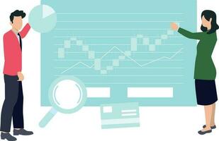 Boy and girl working on stock market graph. vector