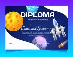 Kids diploma, cartoon starship, asteroids in space vector
