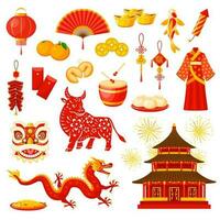 Chinese New Year holiday symbols vector icons set