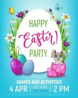 Happy Easter egg hunt kid party, bunny in egg vector