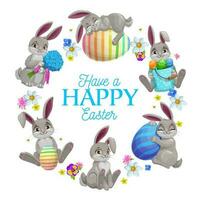 Easter eggs, bunnies and flowers frame vector