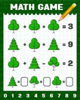 Green forest trees math game worksheet riddle vector