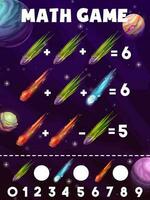 Math game worksheet, cartoon space comet, asteroid vector