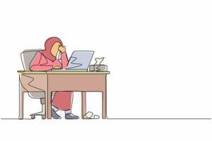 Single one line drawing female manager working on computer laptop. Arab woman with question mark over head scratches back of her head sitting in front of laptop. Continuous line design graphic vector