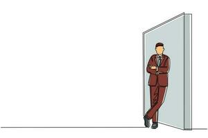 Single continuous line drawing young businessman standing and lean against wall, thinking something about new business company. Full length or body. One line draw graphic design vector illustration