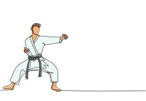 un solo dibujo de una línea, un joven karateka talentoso entrena con una pose de puñetazo para pelear en duelo en el centro de gimnasia dojo. dominar el concepto de deporte de artes marciales. vector gráfico de diseño de dibujo de línea continua moderna