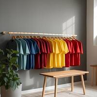 cotton t-shirts hanging on hangers , photo