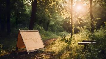 vacío de madera tablón en borde de bosque en verano ,generativo ai foto