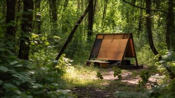 empty wooden plank in the middle of the forest at morning , photo